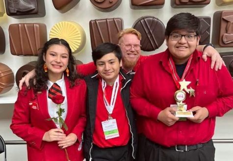 FCCLA students (Gina Alba, Alex Aldana, Josue Fuentes) after State competition with Jared Severson.