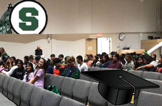 Seniors waiting for the meeting with Jostens in the auditorium.