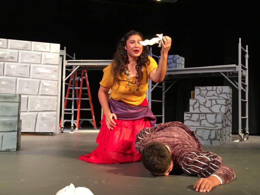 Esmeralda, played by Gina Alba,  is emotional about the murder of other character.