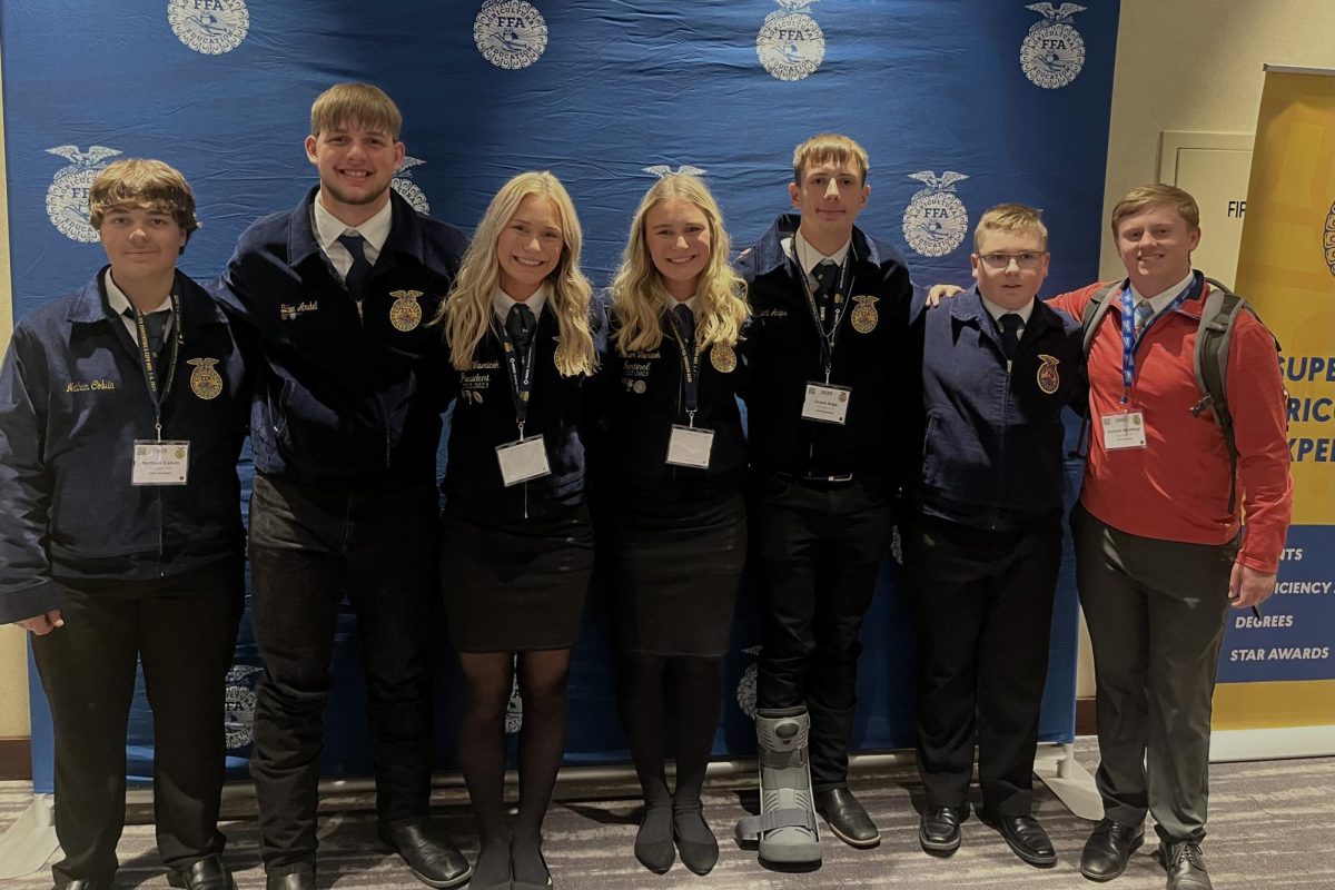 FFA Schuyler members who attended Nationals with Co-Adviser Hal Moomey.