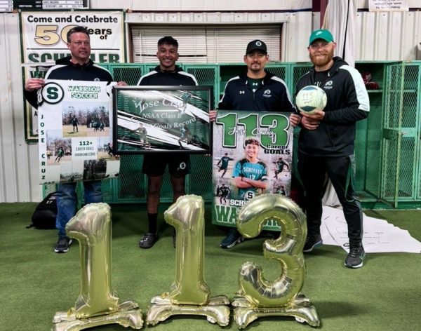 Jose Cruz and his coaches holding up his 113th posters.