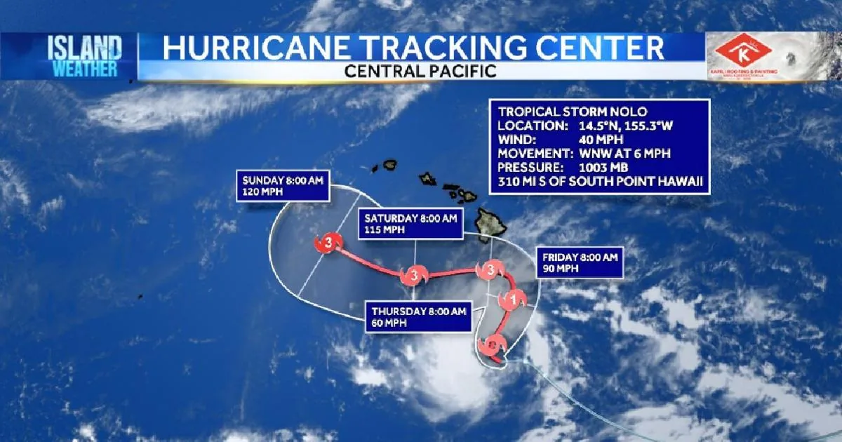 Map graphic showing Tropical Storm Nolo south of Hawaii with a Hurricane Watch for the Big Island