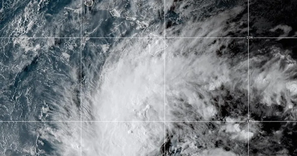 Satellite view of Tropical Storm Nolo in the Pacific with Hawaii's Big Island under a hurricane watch